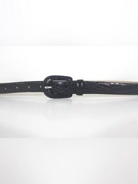 Italian Narrow Croc Embossed Black Leather Belt with Self Covered Leather Buckle